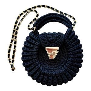 Handmade Black Crochet Handbag with Golden Chain Handle